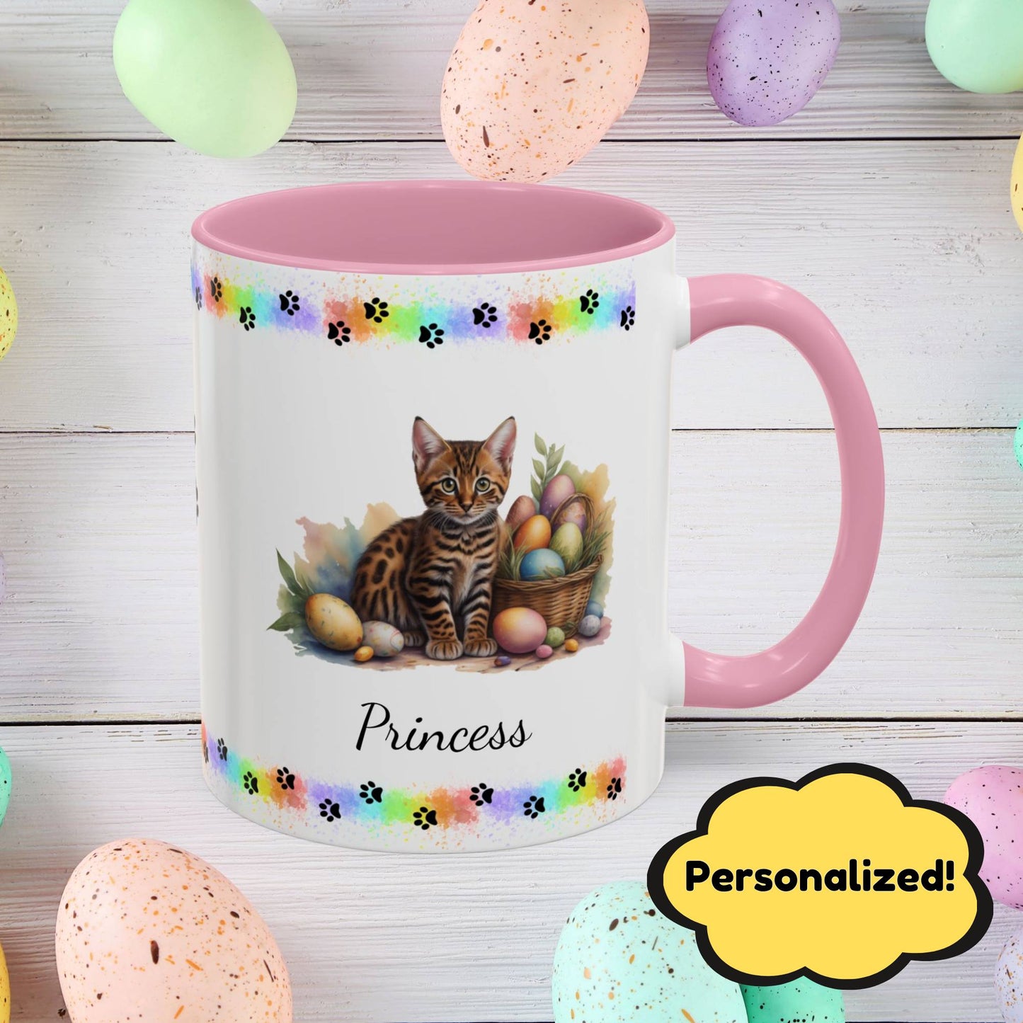 Bengal personalized Easter coffee mug, adorable kitten design, cute cat gift for mental health awareness and comfort