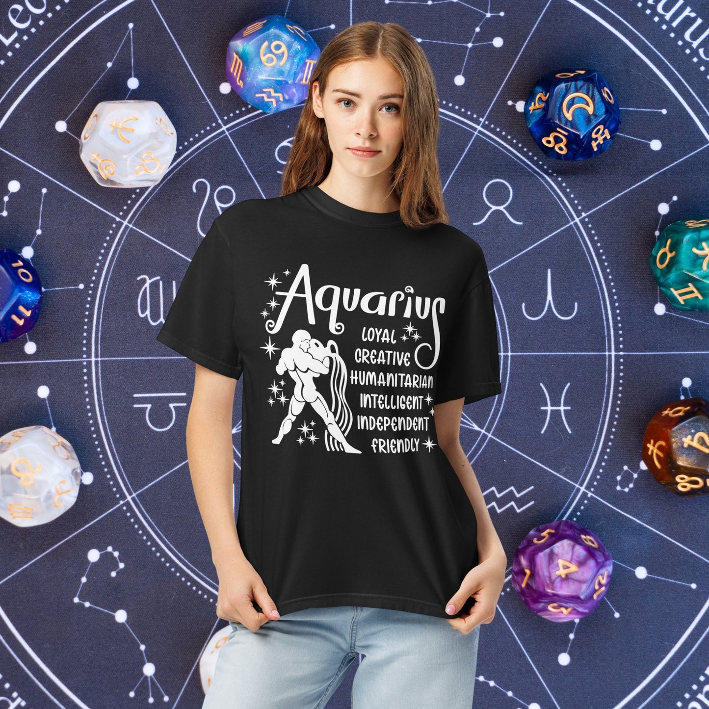 Aquarius Zodiac Comfort Colors Shirt - Unisex astrology t-shirt with Aquarius symbol and traits, mental health support gift