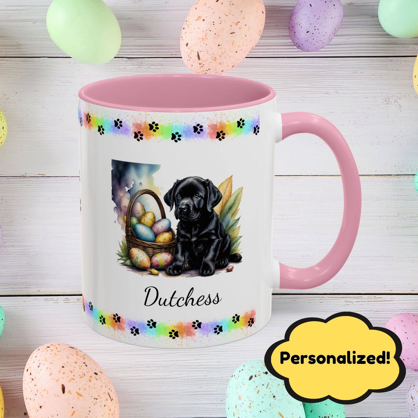 Black Labrador Easter puppy coffee mug, personalized cute dog design, mental health support and cozy sipping
