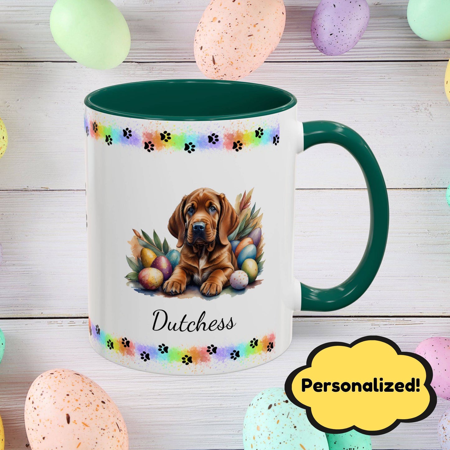Bloodhound personalized Easter puppy mug, cute dog coffee cup gift for mental health awareness and dog lovers