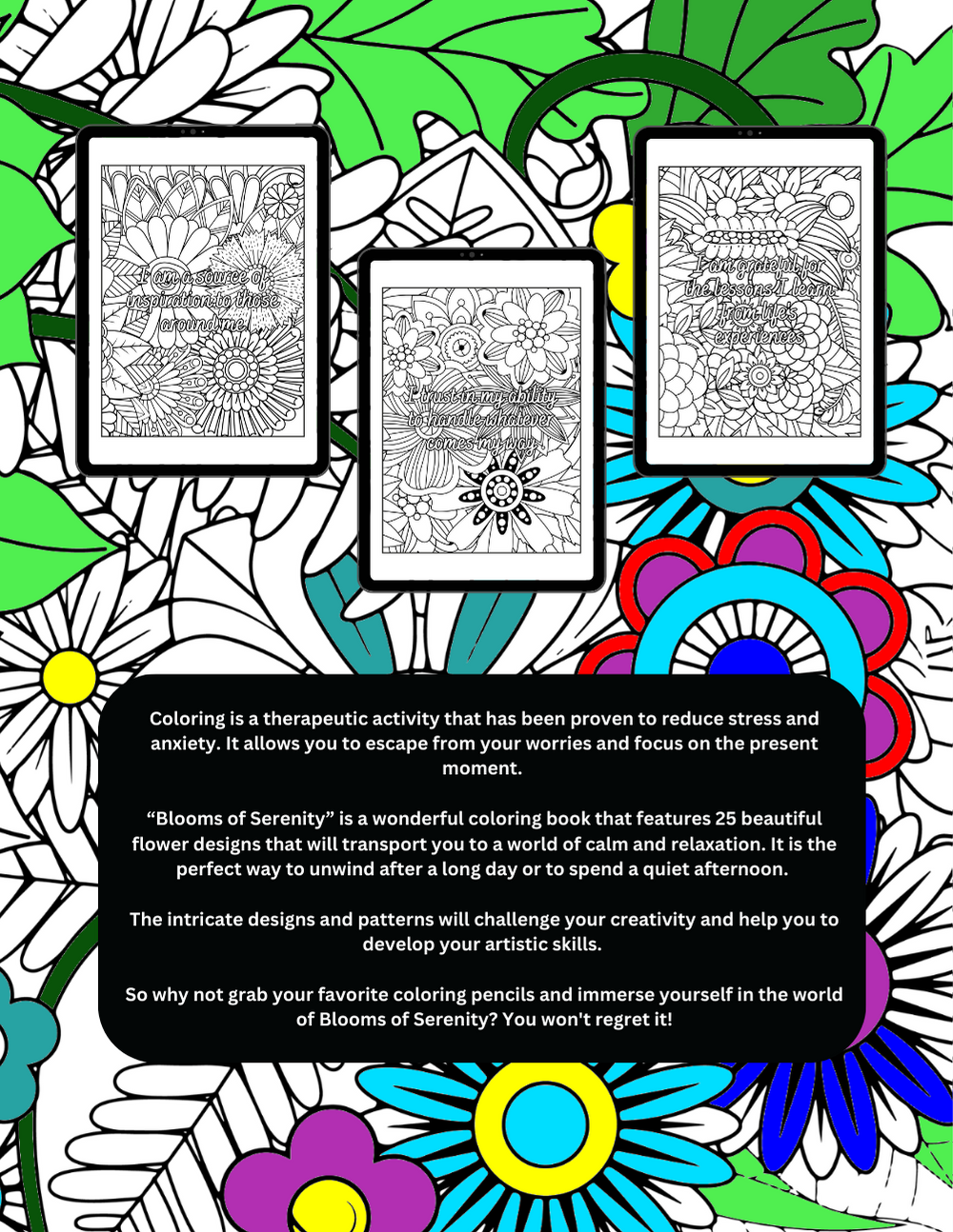 Flower coloring book with intricate floral designs and calming layouts