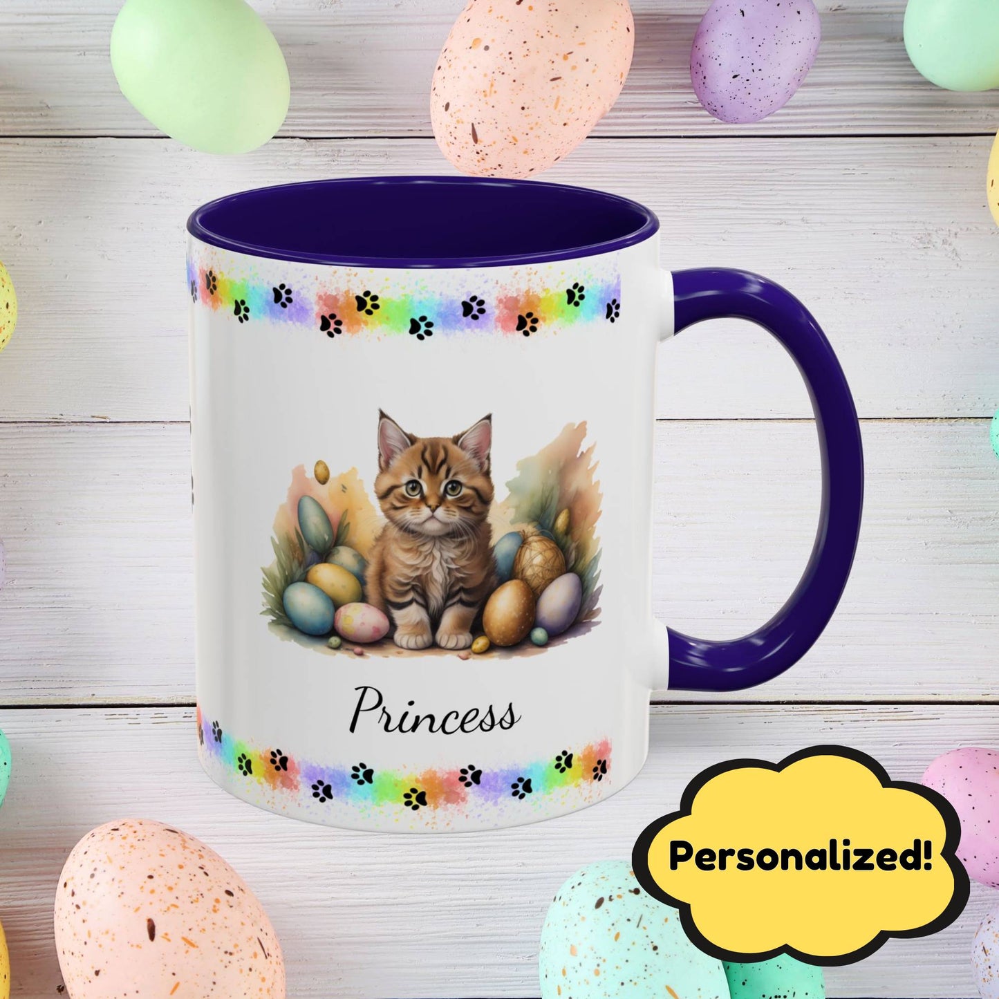 Bobtail cute kitten Easter coffee mug, personalized gift for cat lovers, mental health awareness and home use
