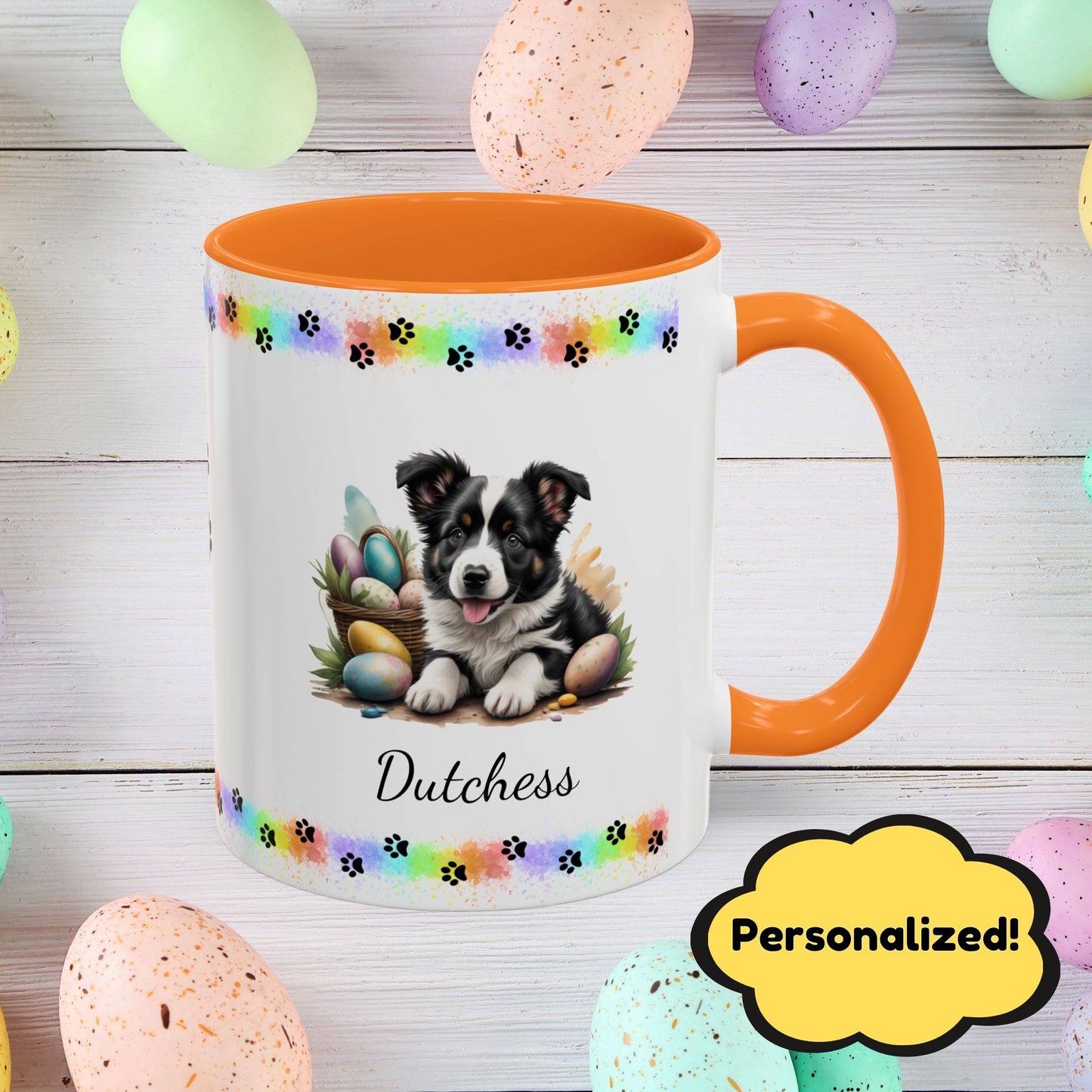 Border Collie Black & White Easter puppy coffee mug, personalized cute dog gift for mental health support