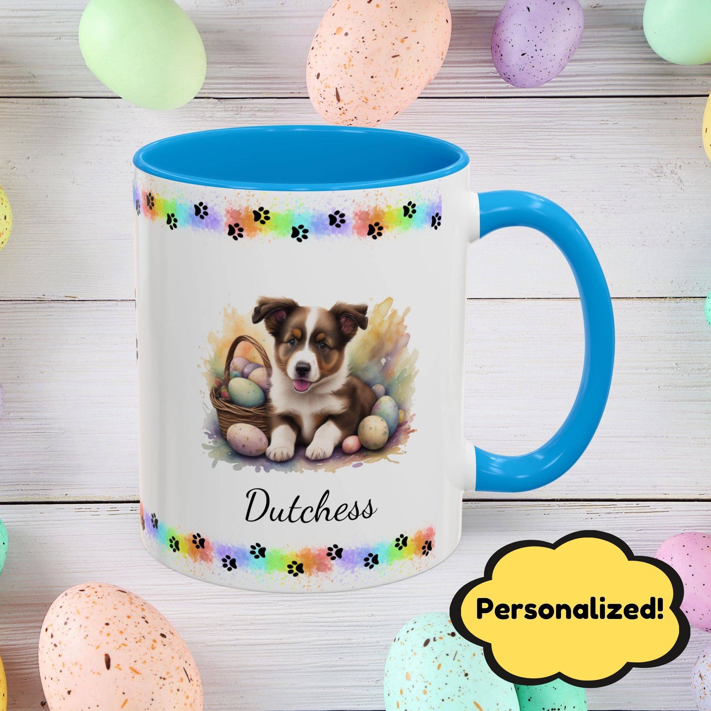 Border Collie Brown & White personalized Easter puppy mug, cute dog coffee cup, mental health awareness gift