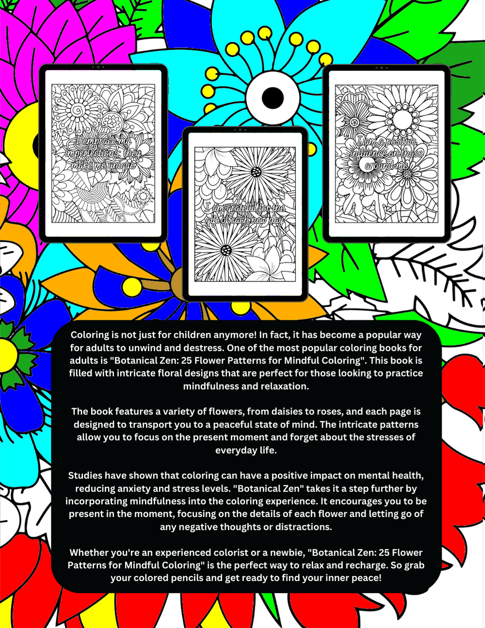 Floral mindfulness coloring pages with nature-inspired illustrations