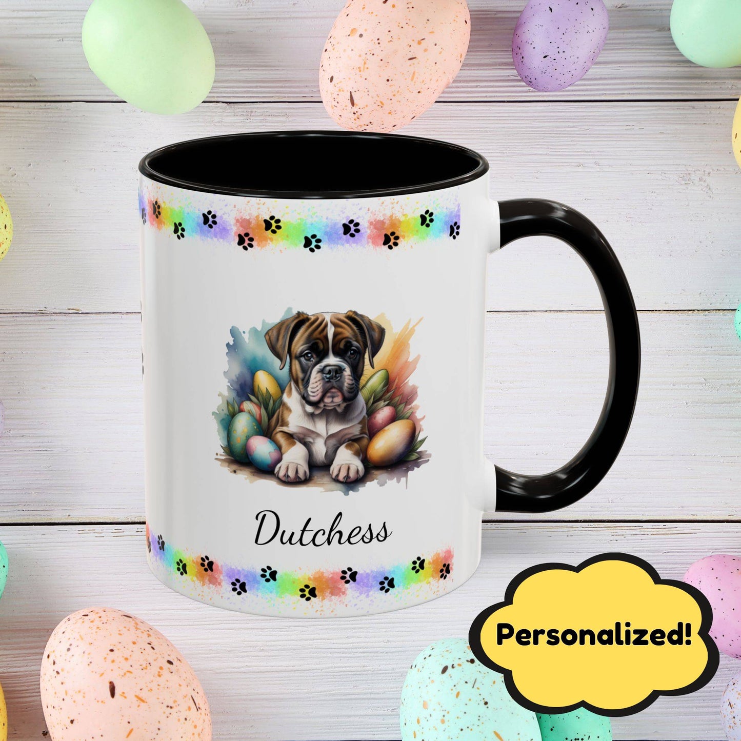 Boxer personalized Easter puppy mug, cute dog coffee cup gift for mental health awareness and dog lovers