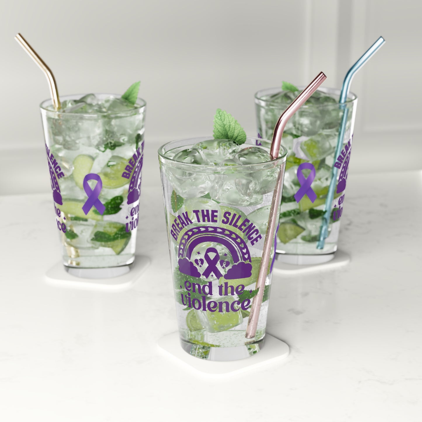 Pint glass featuring Break the Silence End the Violence message for DV support