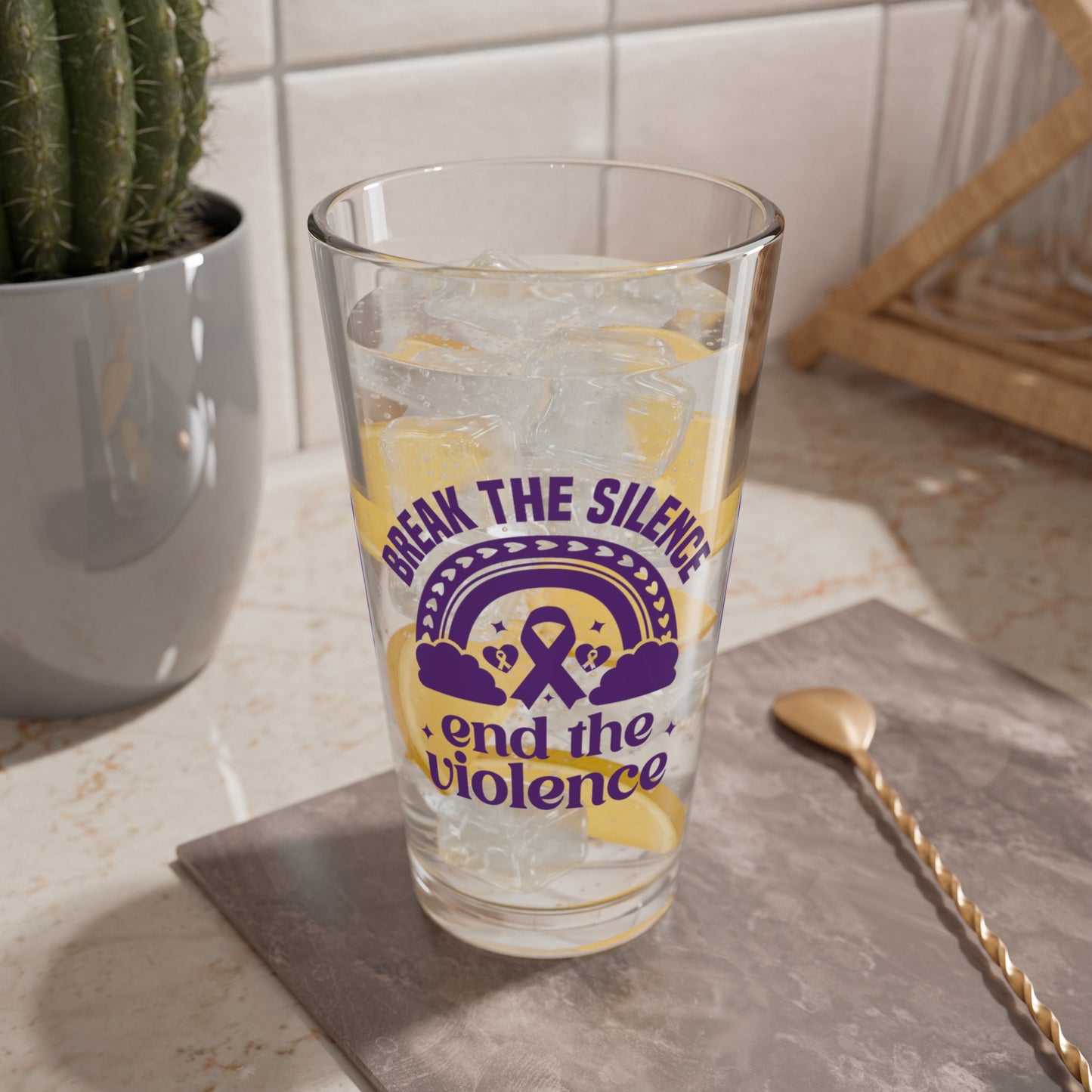 Pint glass featuring Break the Silence End the Violence message for DV support