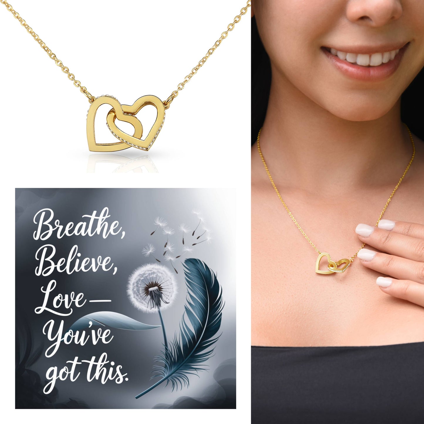 Breathe, Believe, Love - Interlocking Hearts Necklace encouragement gift for positivity & resilience