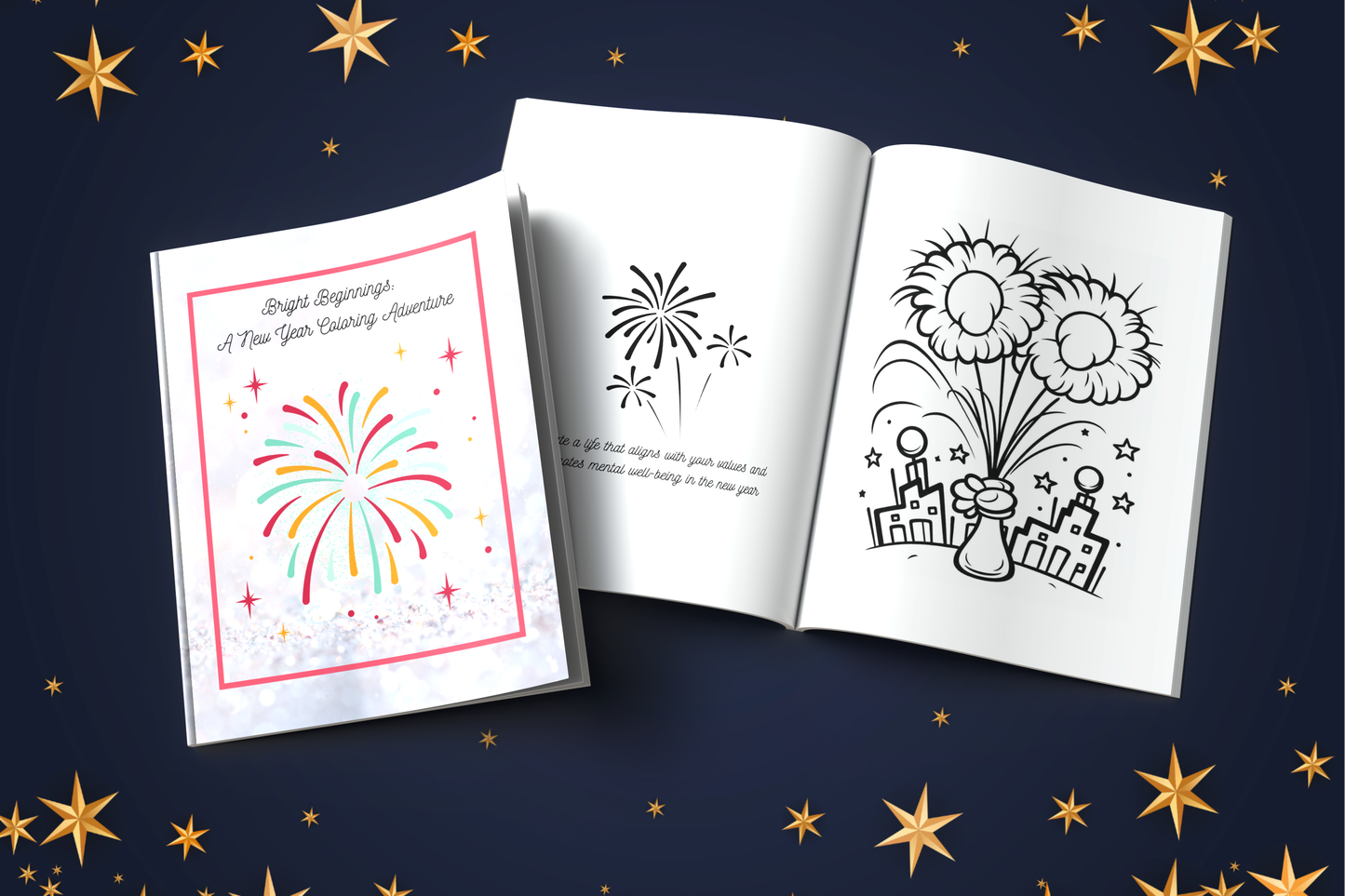 New Year coloring book with fireworks, reflections, and hopeful themes