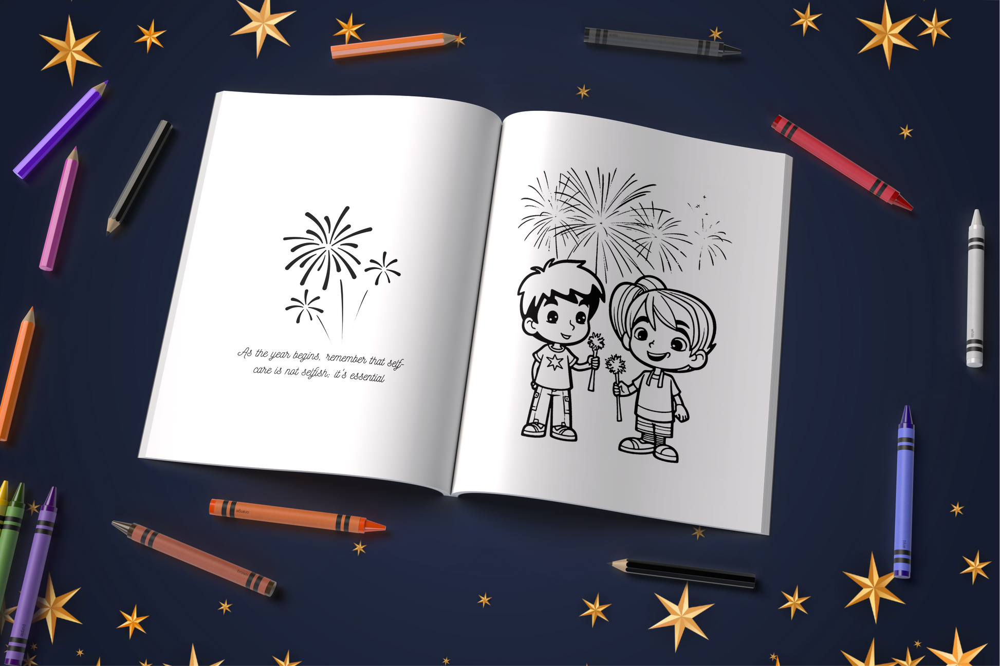 New Year coloring book with fireworks, reflections, and hopeful themes
