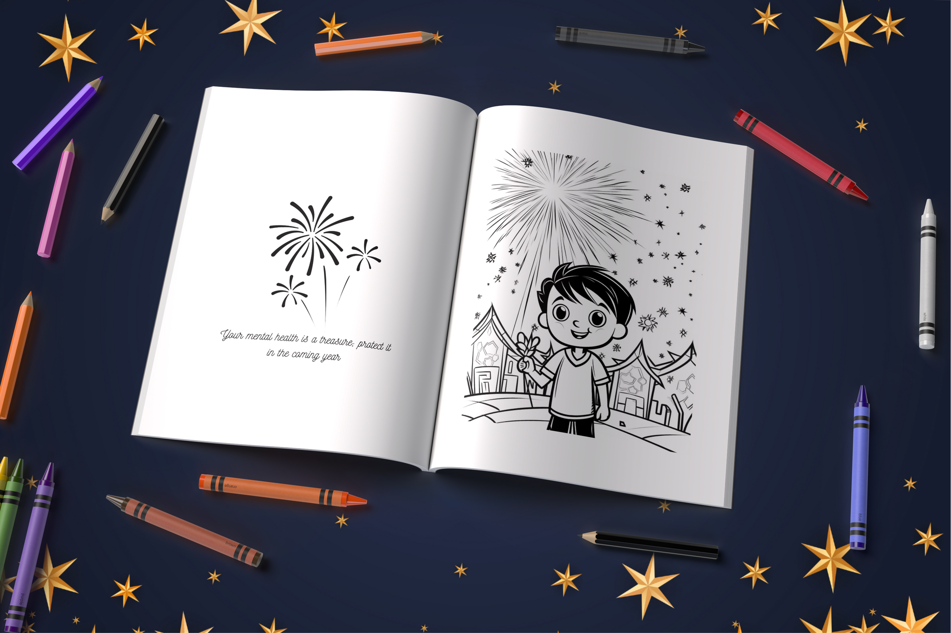 New Year coloring book with fireworks, reflections, and hopeful themes