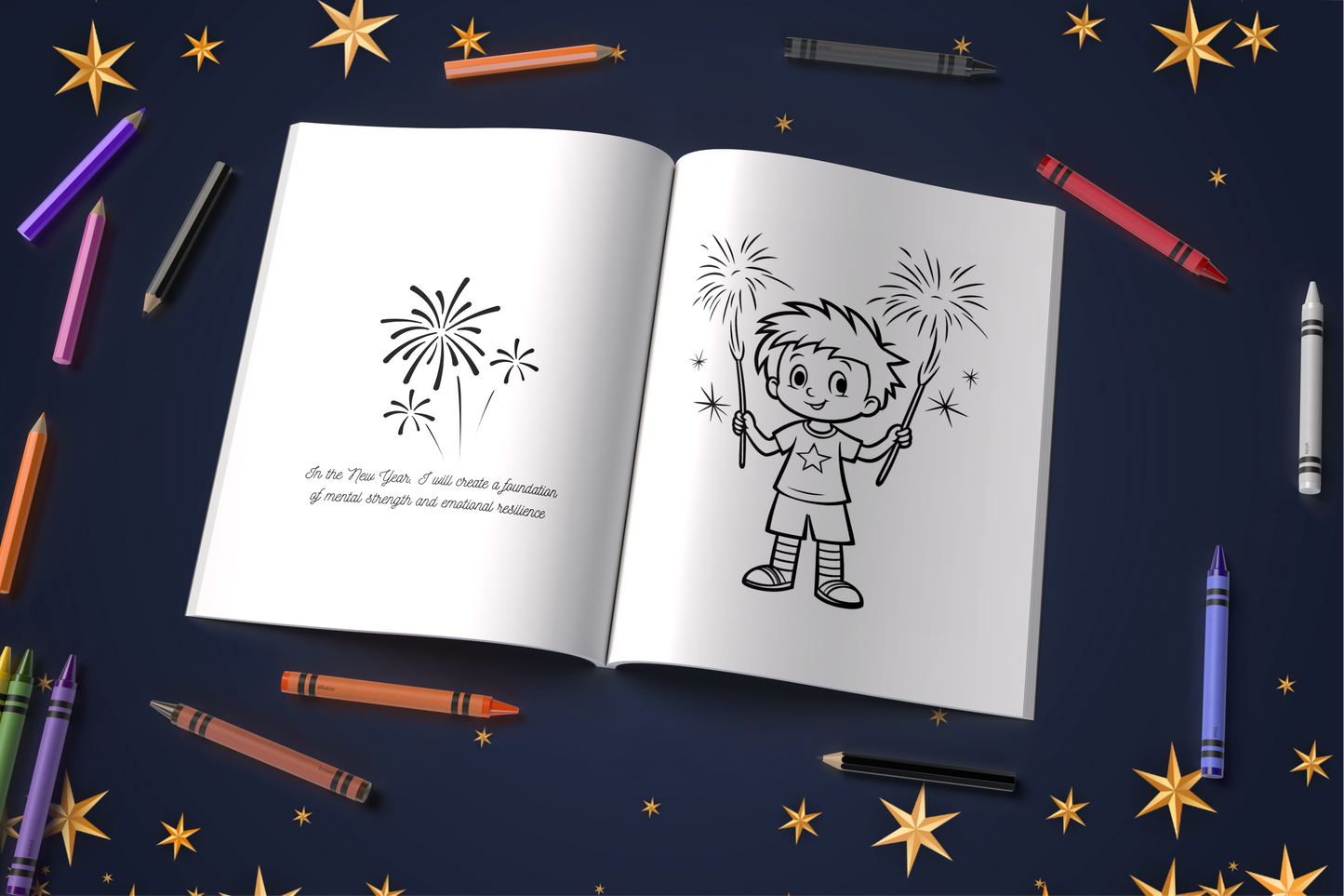 New Year coloring book with fireworks, reflections, and hopeful themes