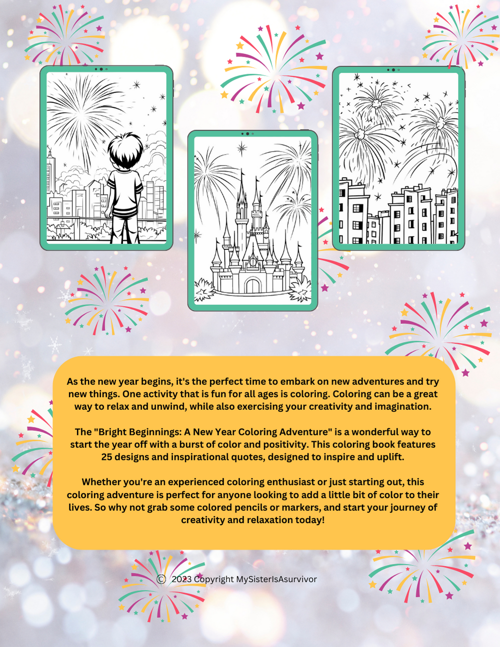 New Year coloring book with fireworks, reflections, and hopeful themes