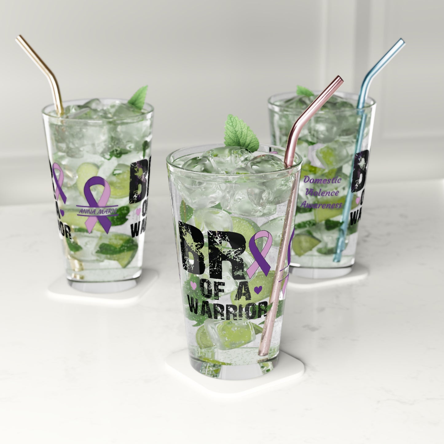 Bro of a Warrior: Personalized Domestic Violence Awareness Warrior Pint Glass - Proud Family Member
