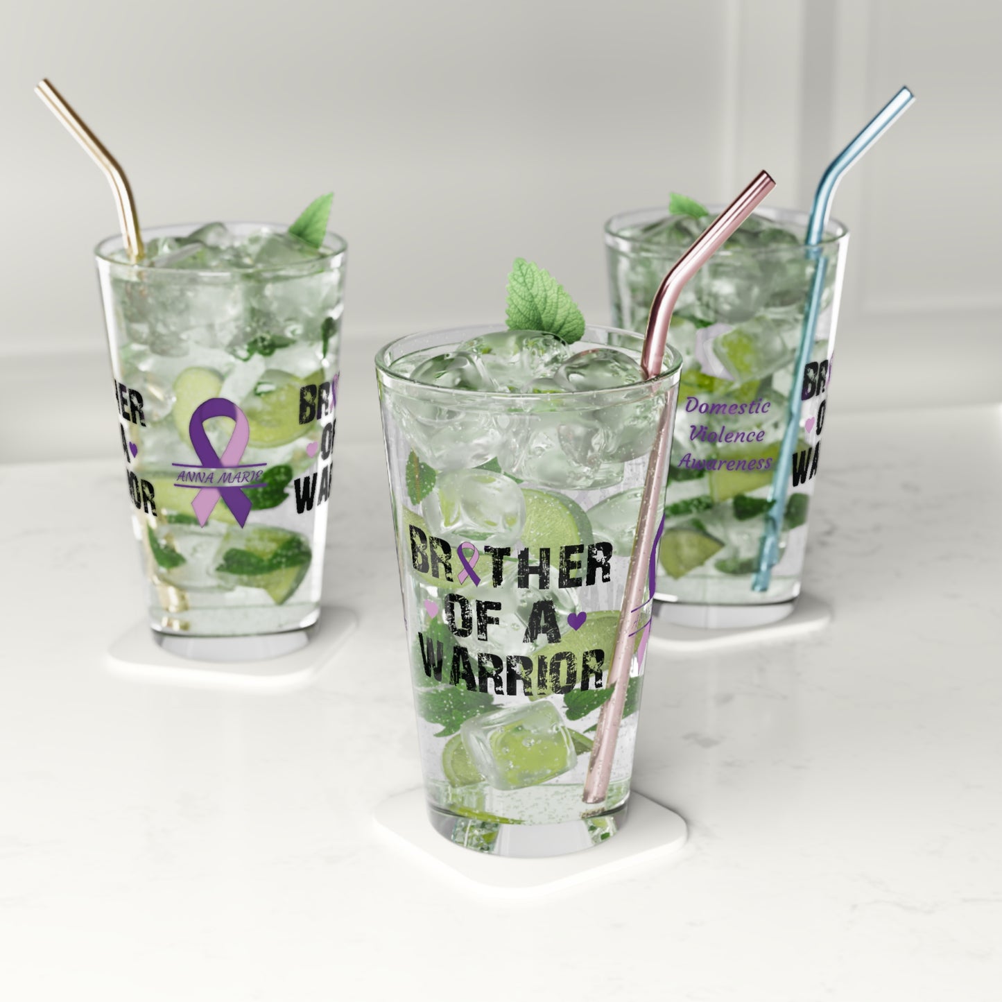 Brother of a Warrior: Personalized Domestic Violence Awareness Warrior Pint Glass - Proud Family Member