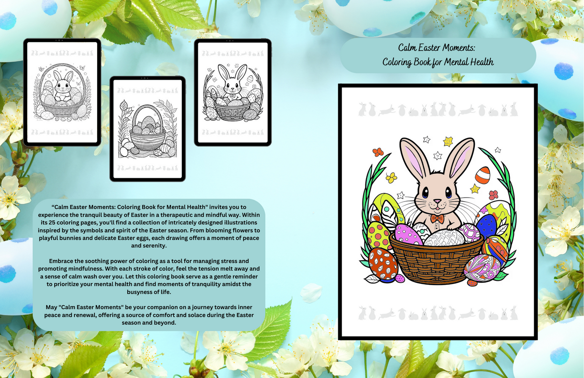 Easter mental health coloring book with serene spring illustrations
