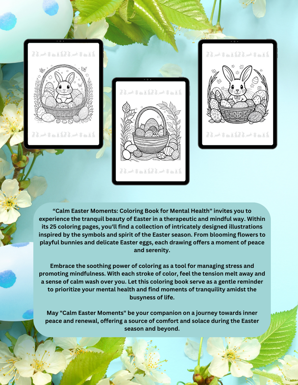 Easter mental health coloring book with serene spring illustrations