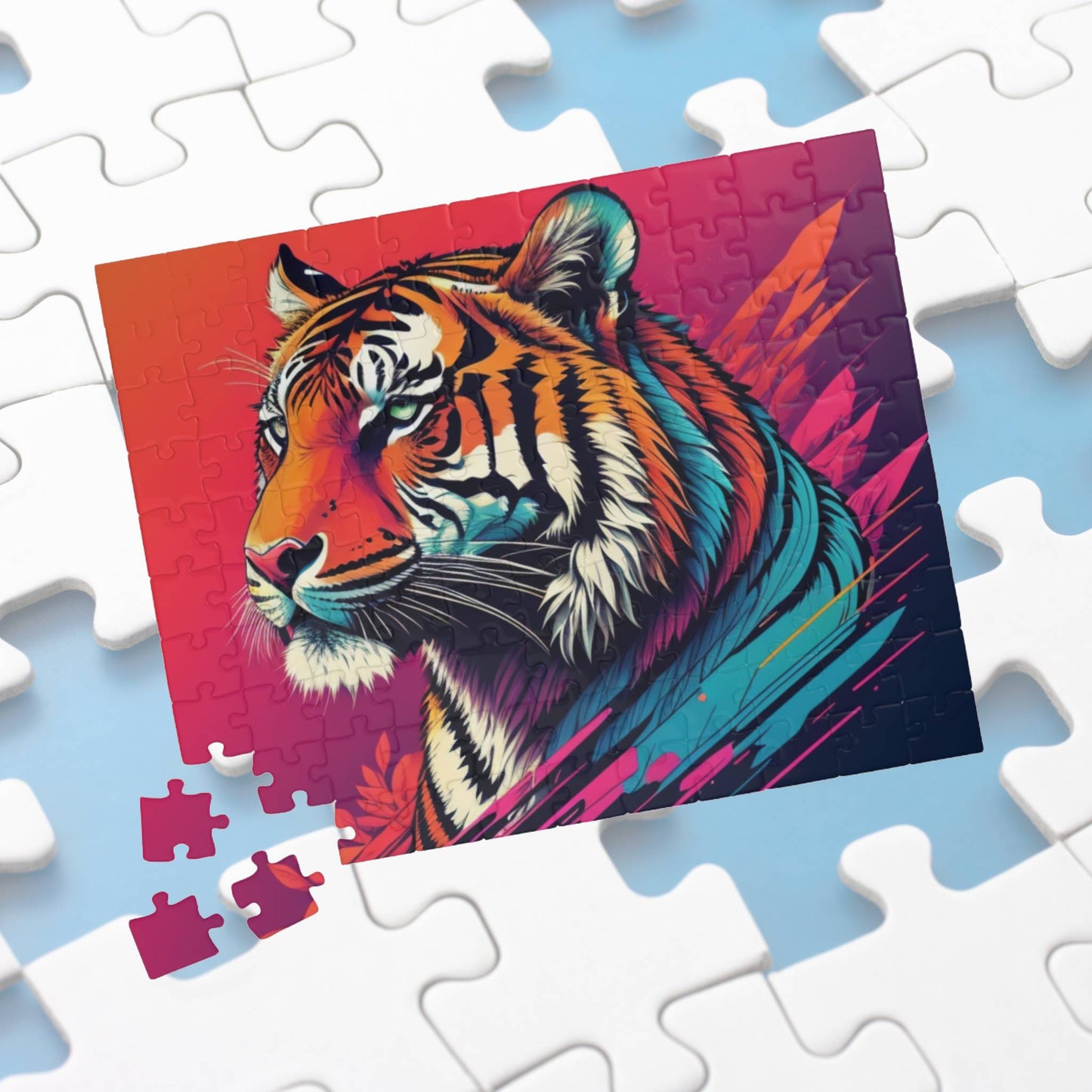 Tiger resting peacefully with detailed stripes, captured in a puzzle for calm, creativity, and artistic mindfulness