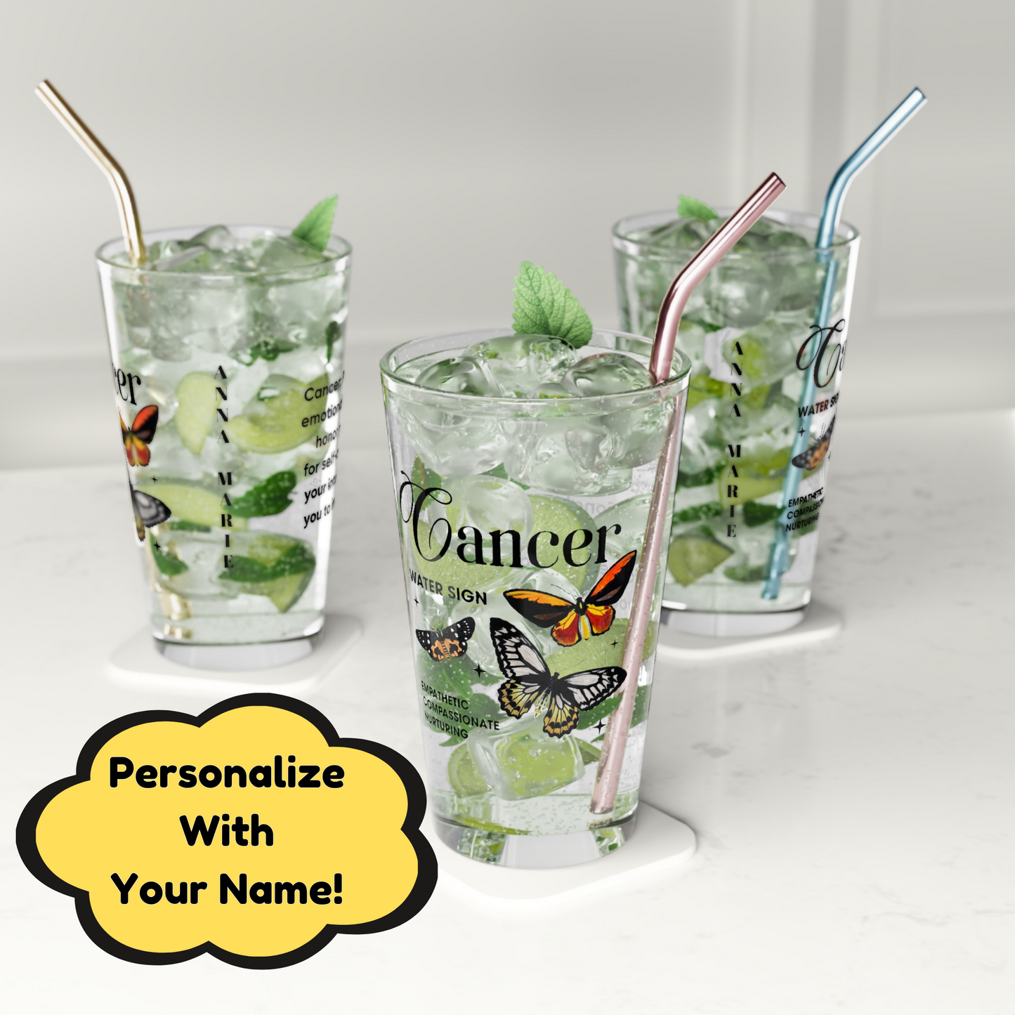 Cancer personalized zodiac pint glass, 16oz astrology star sign birthday drinkware gift