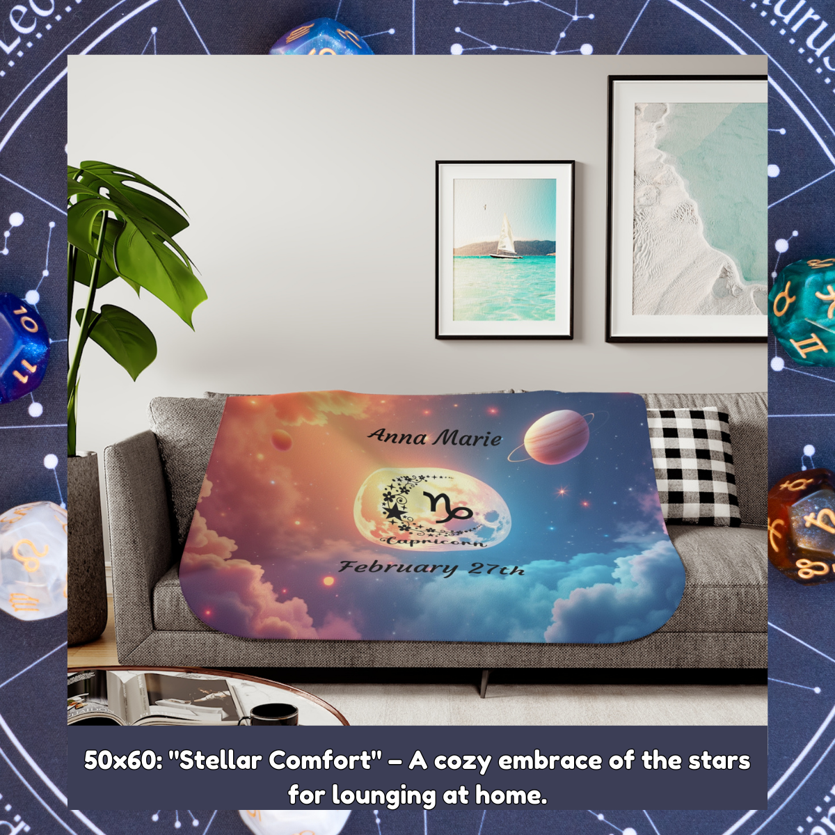 Custom Capricorn zodiac sign throw with constellation design. Perfect gift for astrology lovers seeking comfort and mental wellness.