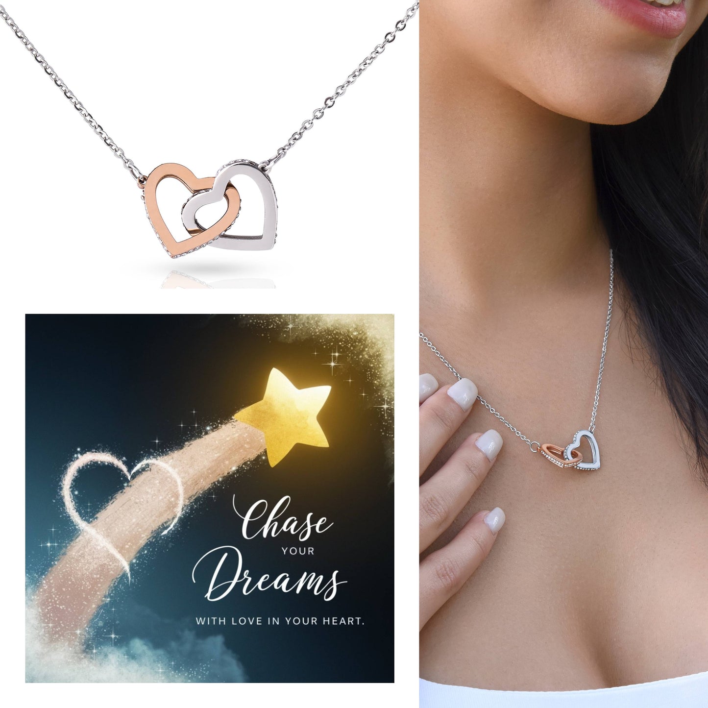 Chase Dreams with Love in Your Heart - Interlocking Hearts Necklace motivational jewelry for confidence