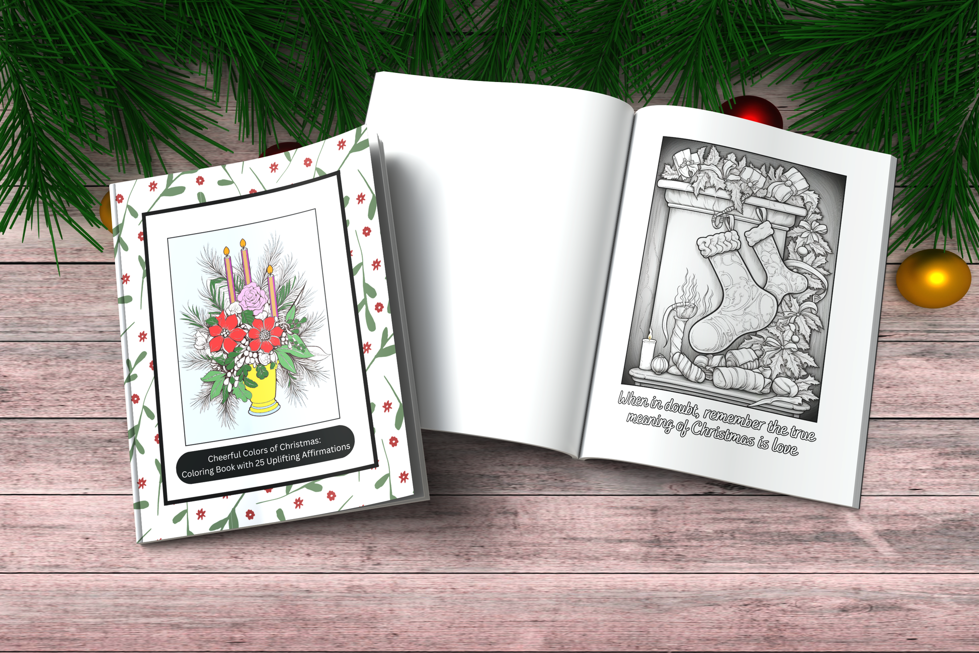 Christmas coloring book with festive affirmations and joyful scenes