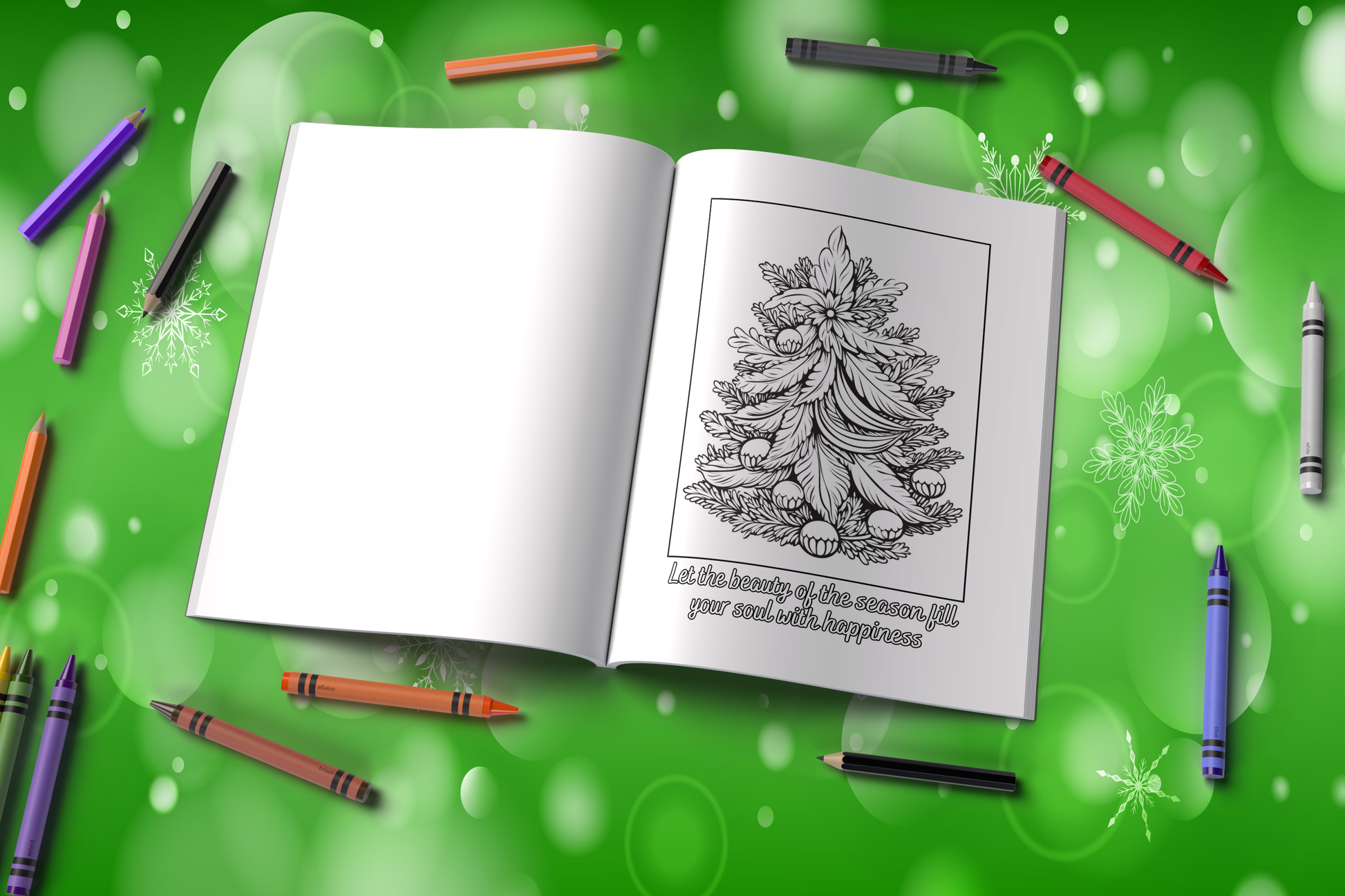 Christmas coloring book with festive affirmations and joyful scenes