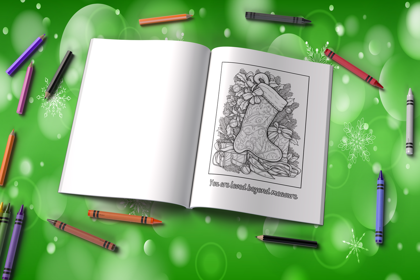 Christmas coloring book with festive affirmations and joyful scenes