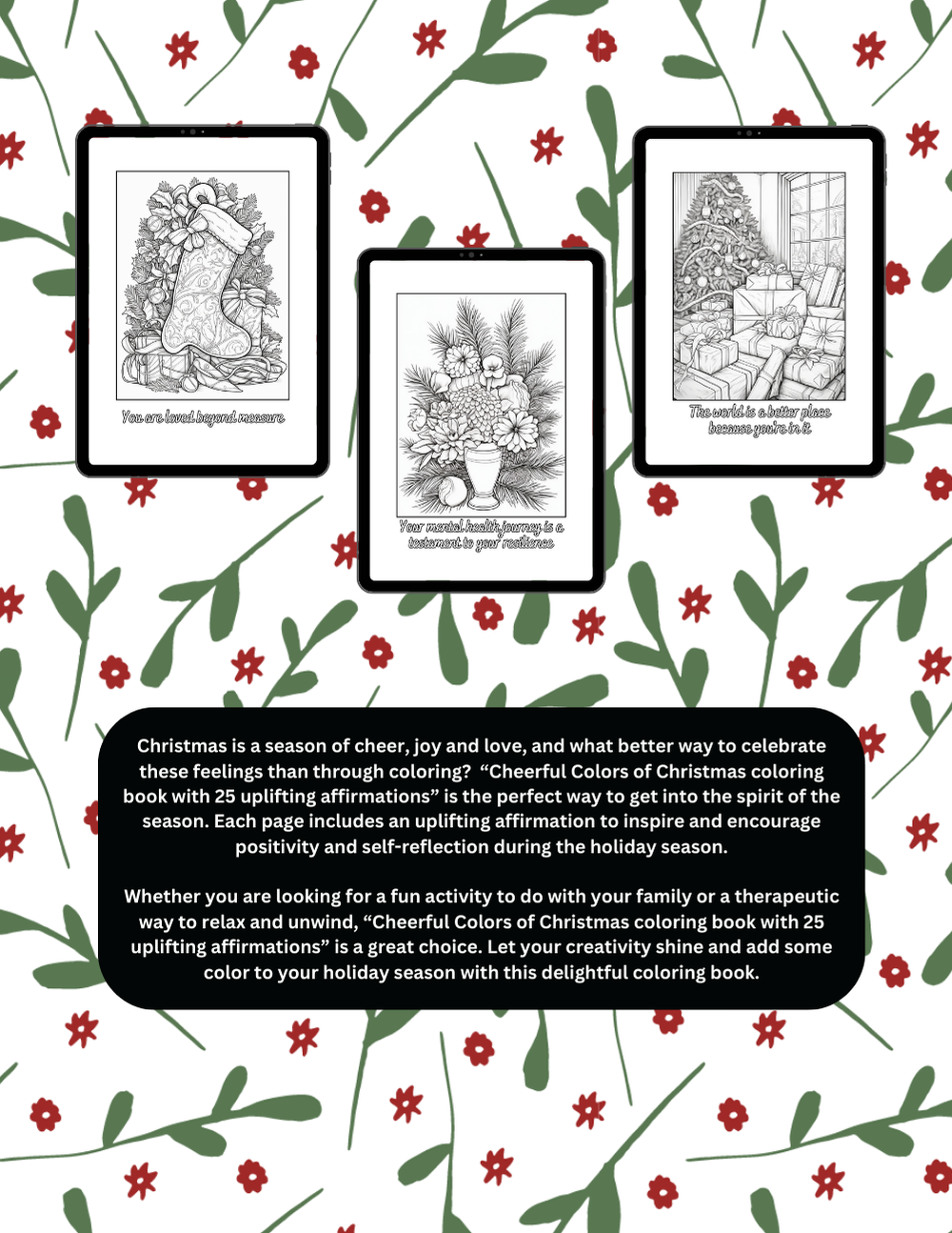 Christmas coloring book with festive affirmations and joyful scenes