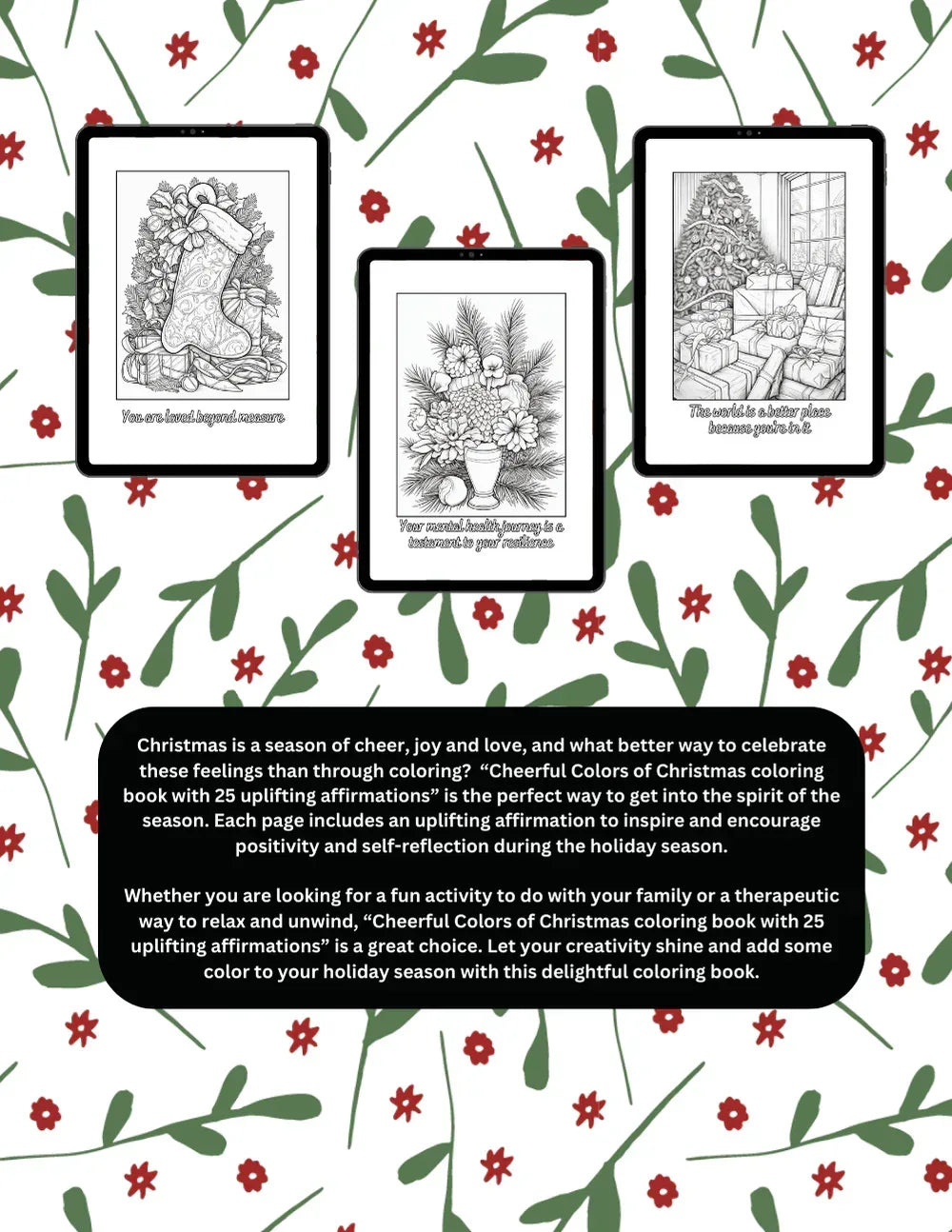 Shop our premium cheerful colors of christmas christmas coloring book with 25 christmas themed affirmations from MySisterIsASurvivor.