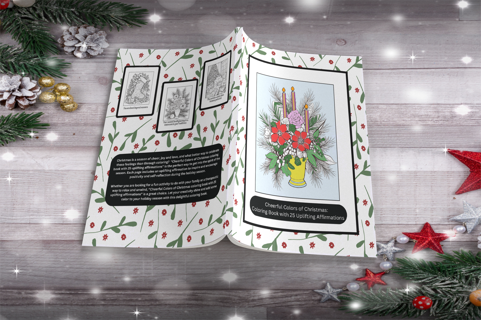 Christmas coloring book with festive affirmations and joyful scenes