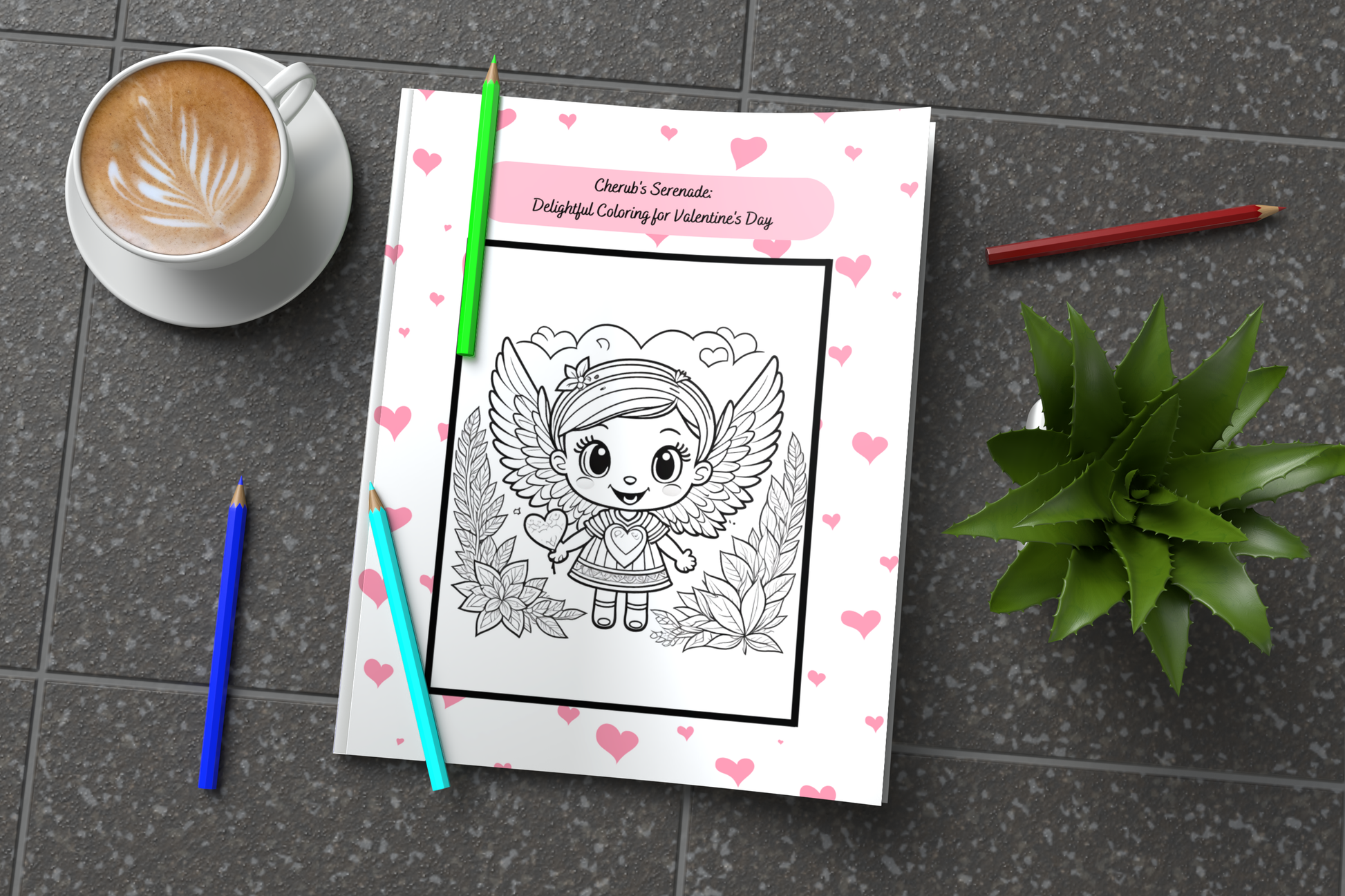 Valentine’s coloring book with cherubic art and peaceful themes