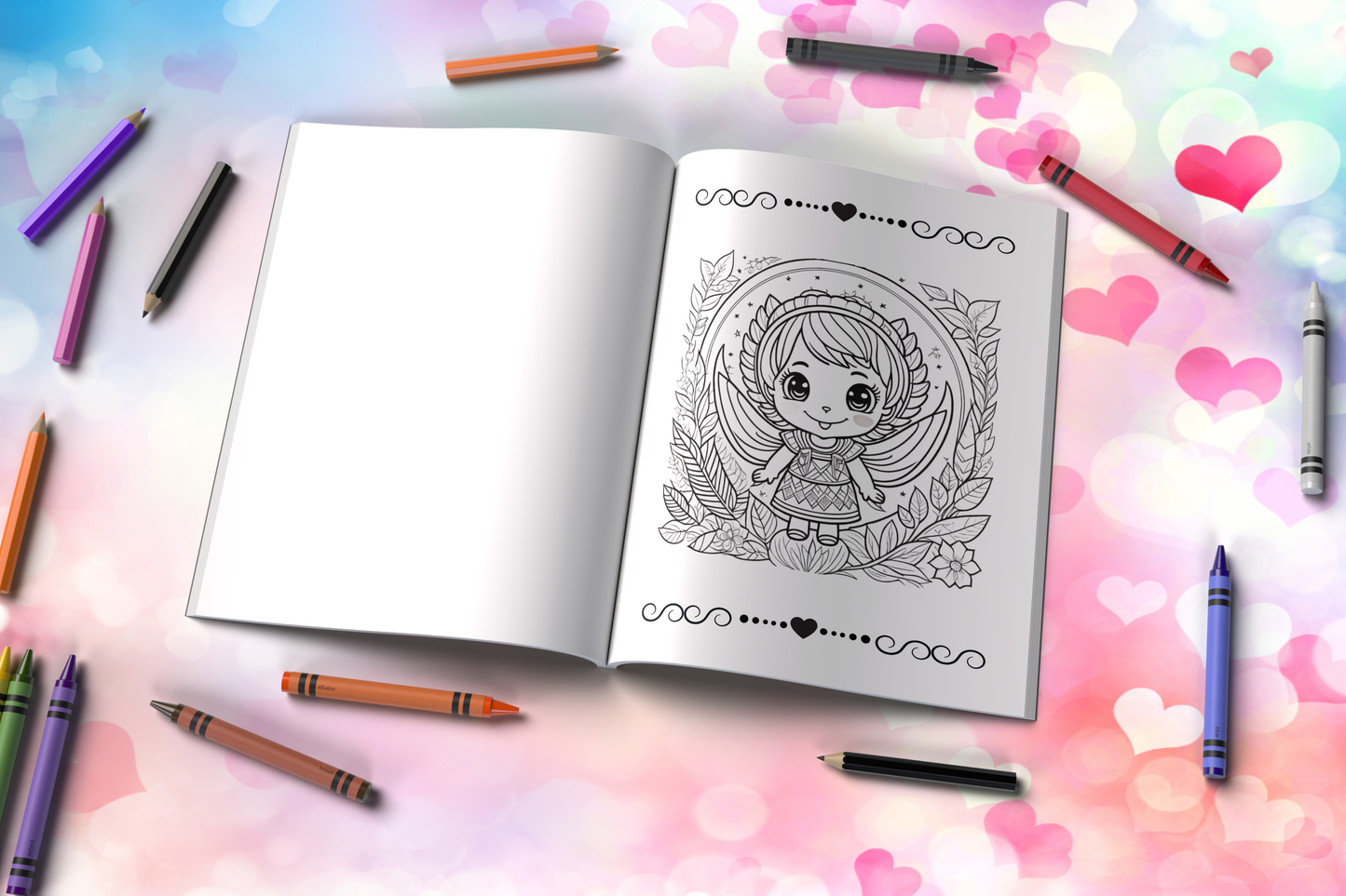 Valentine’s coloring book with cherubic art and peaceful themes