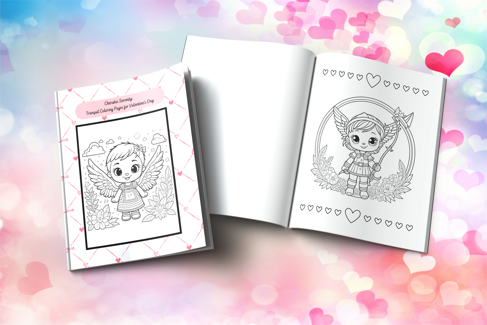 Valentine’s Day coloring pages with cherubs and romantic hearts