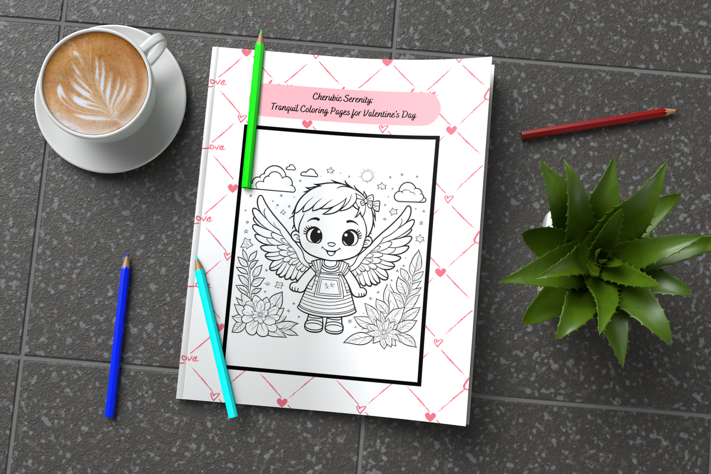 Valentine’s Day coloring pages with cherubs and romantic hearts