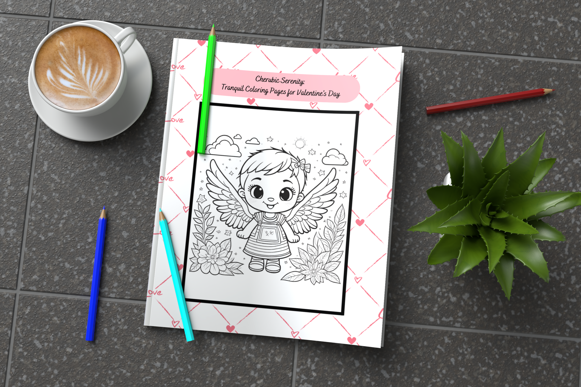 Valentine’s Day coloring pages with cherubs and romantic hearts