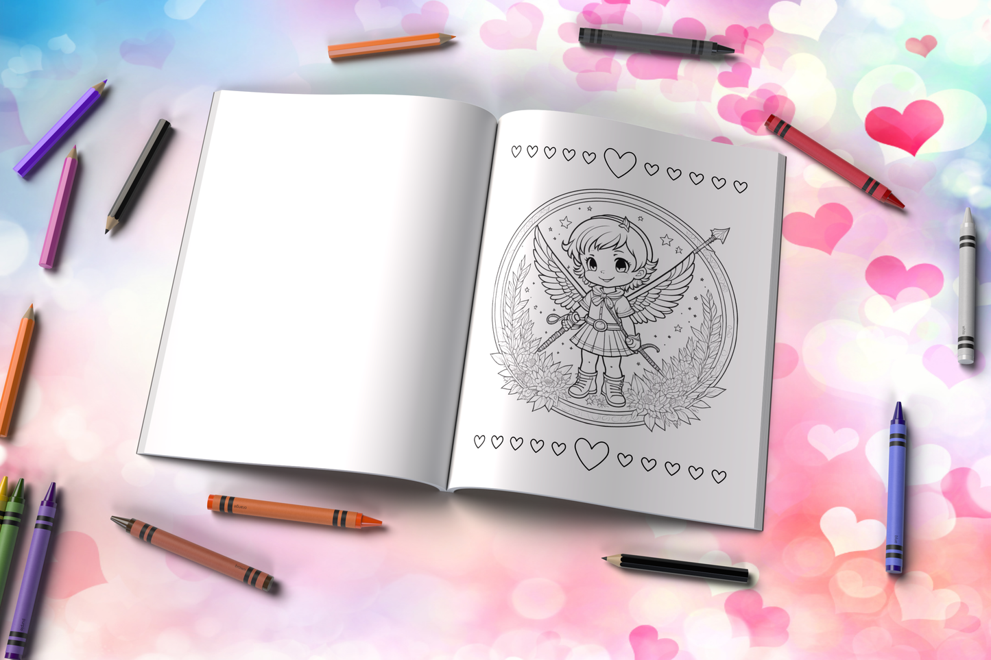 Valentine’s Day coloring pages with cherubs and romantic hearts