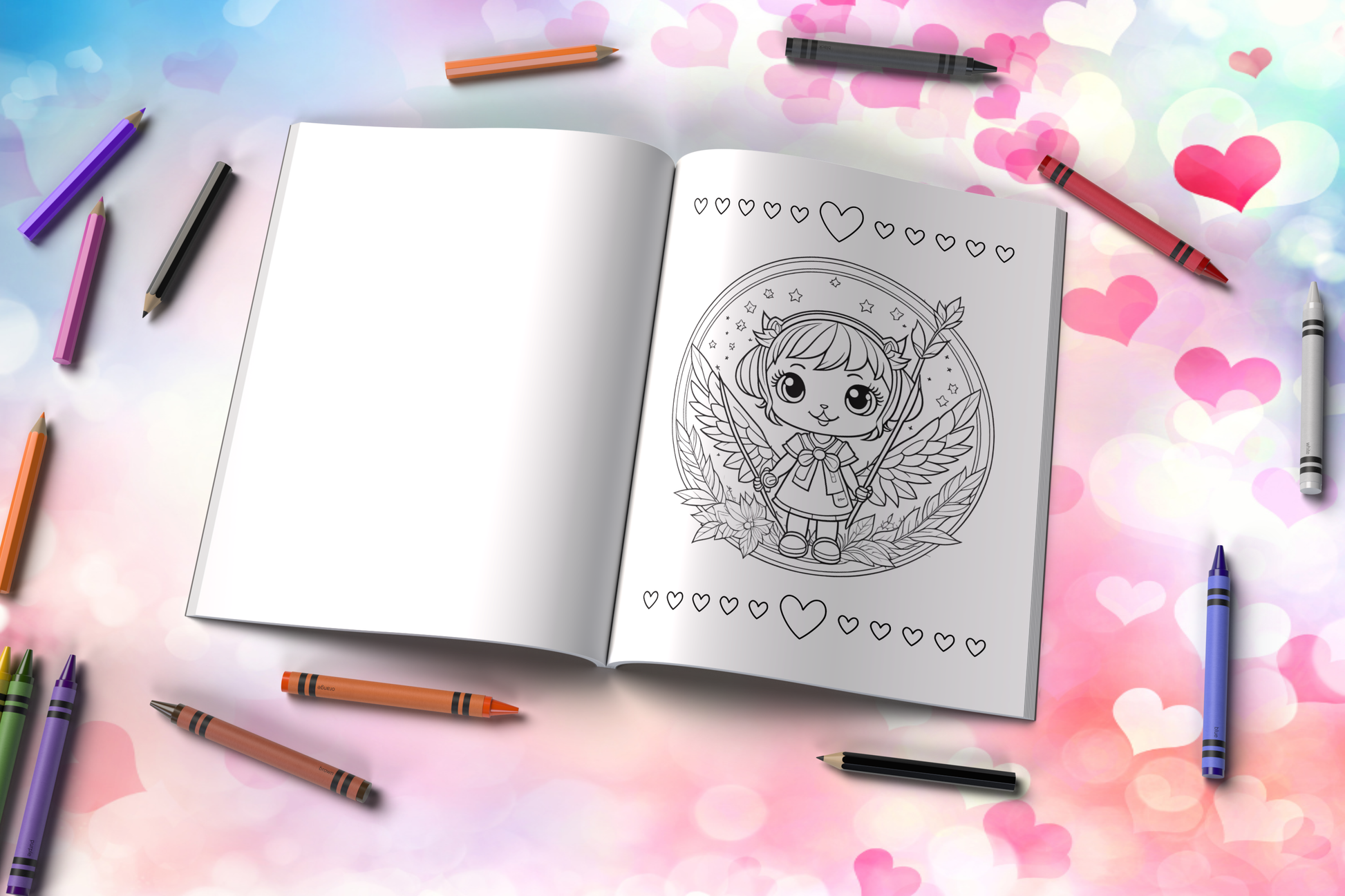 Valentine’s Day coloring pages with cherubs and romantic hearts