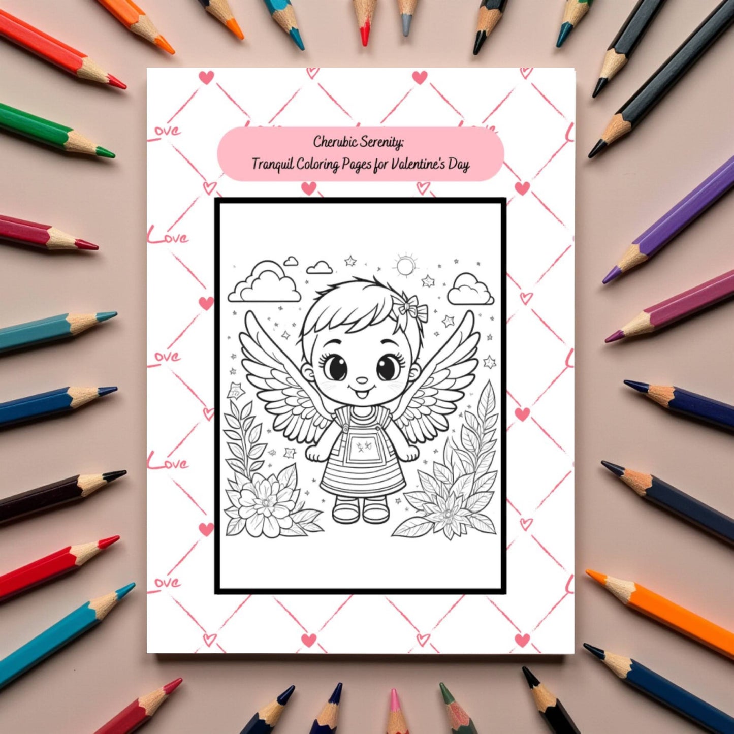 Valentine’s Day coloring pages with cherubs and romantic hearts