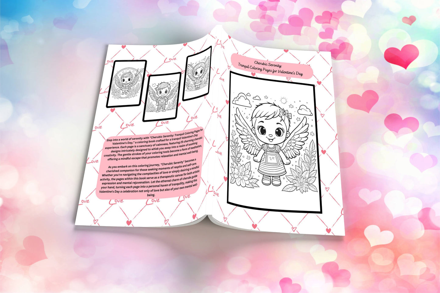Valentine’s Day coloring pages with cherubs and romantic hearts