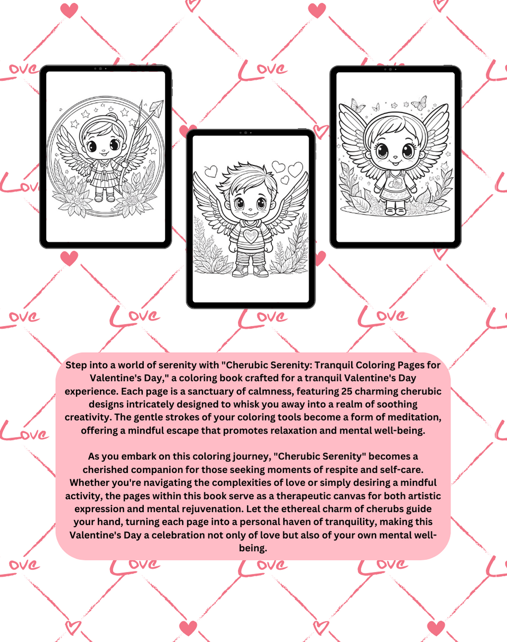 Valentine’s Day coloring pages with cherubs and romantic hearts