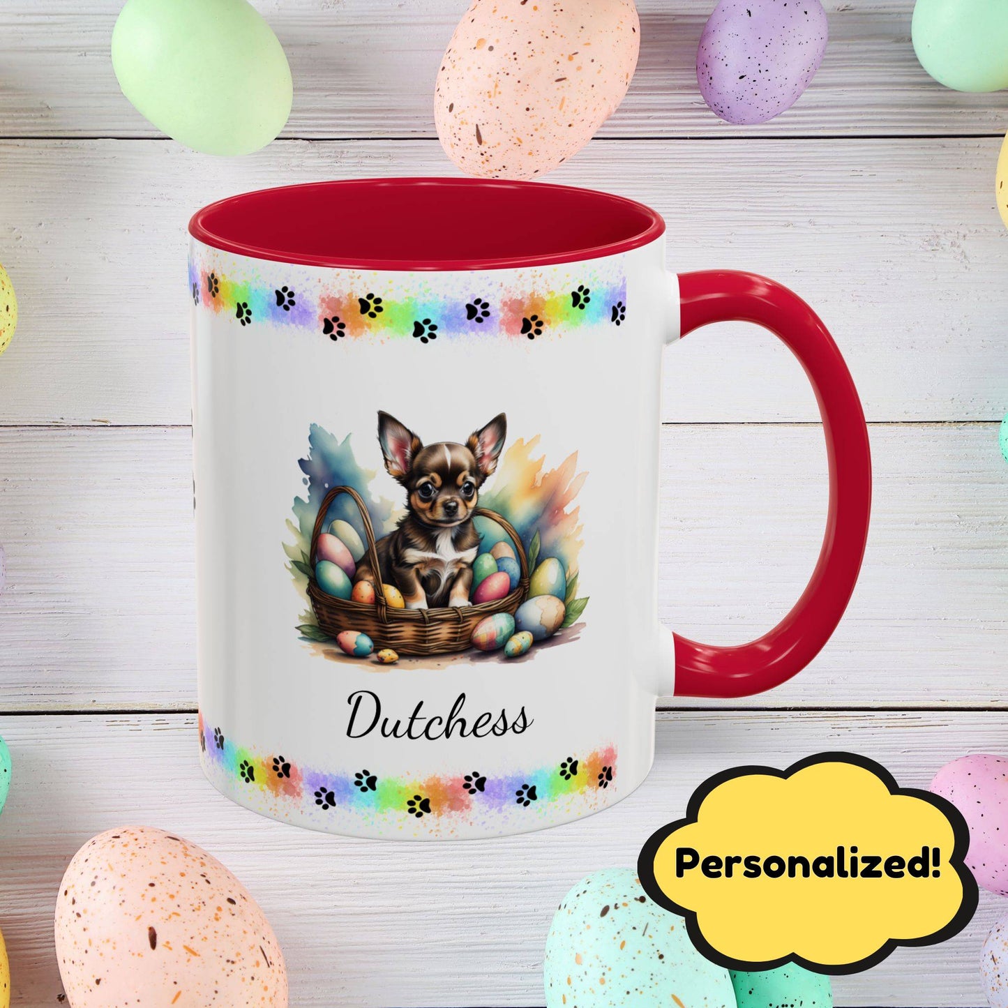 Chihuahua Black Tri personalized Easter puppy mug, cute dog coffee cup, mental health awareness gift