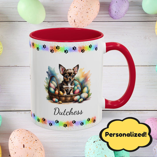 Chihuahua Black Tri personalized Easter puppy mug, cute dog coffee cup, mental health awareness gift