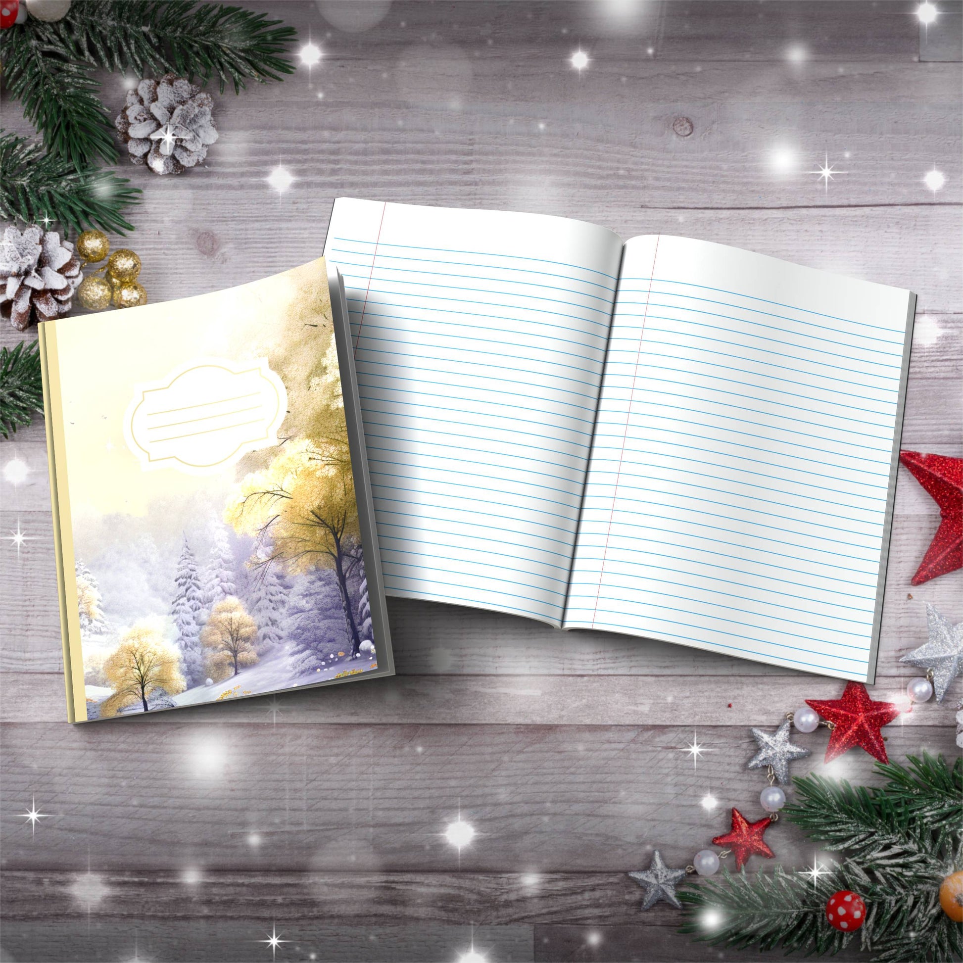 Pastel grey and yellow winter castle Christmas notebook, paperback journal for self-care and writing
