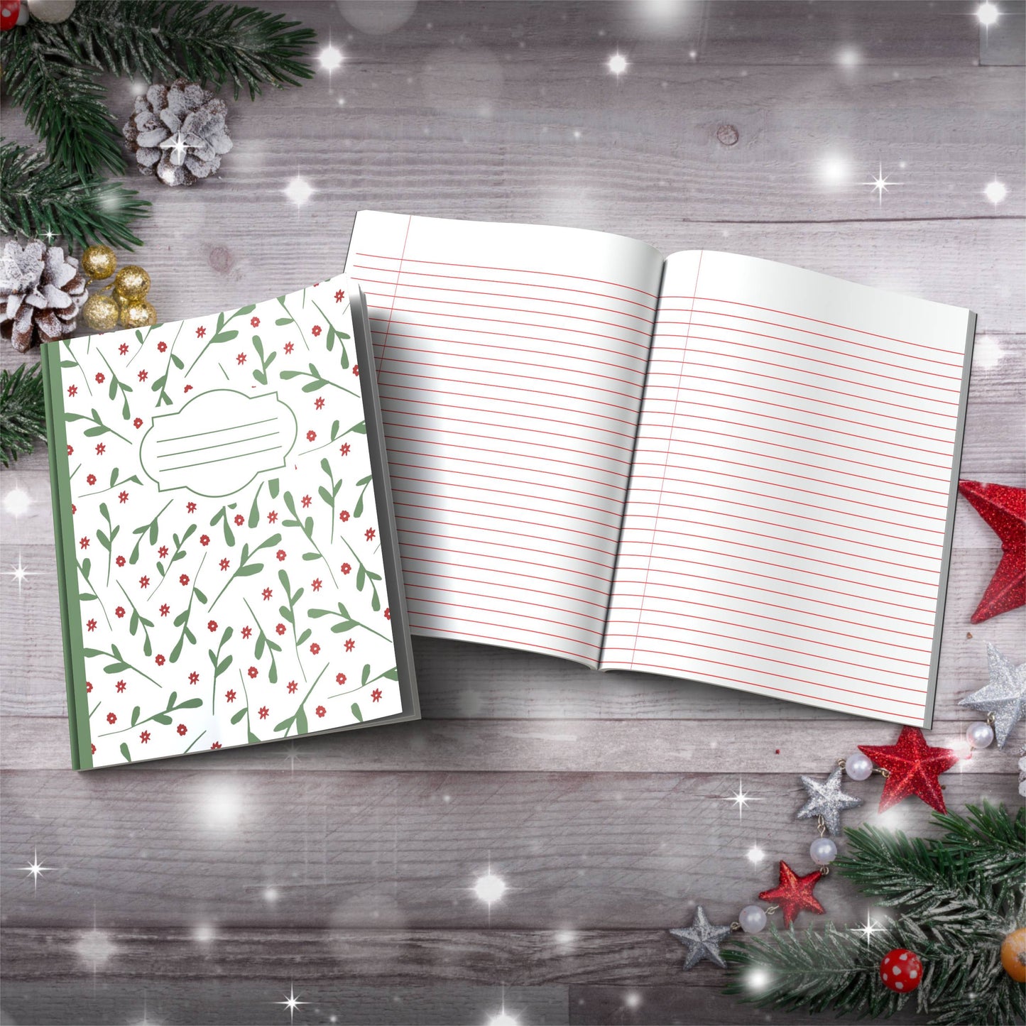 Olive & Red Trees with Snowflake Accents Paperback Christmas Composition Notebook for festive writing and holiday journaling