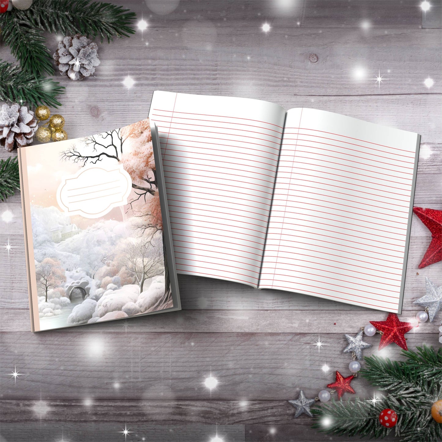 Coffee and cream winter wonderland with castle Christmas notebook, paperback journal for mindfulness