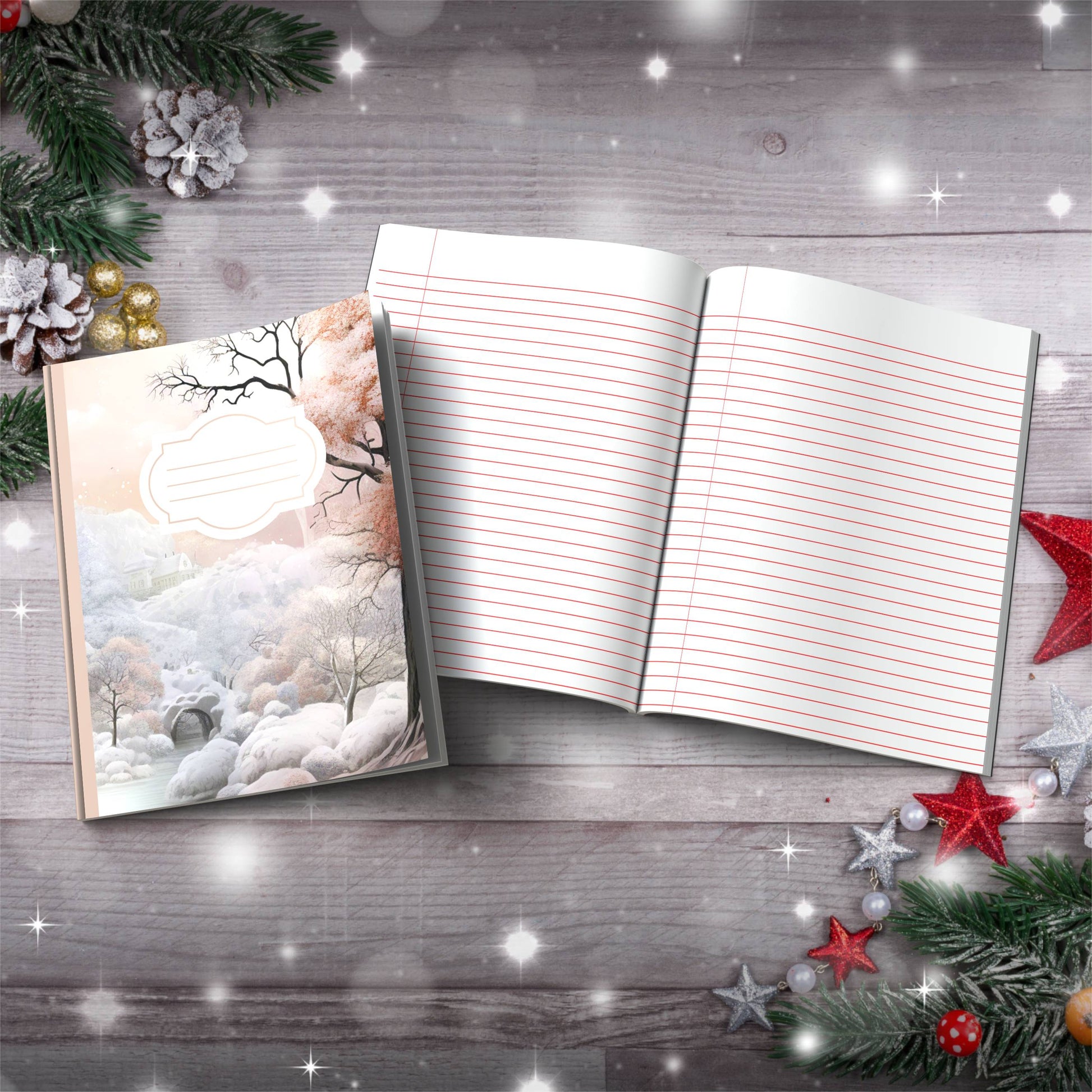 Coffee and cream winter wonderland with castle Christmas notebook, paperback journal for mindfulness