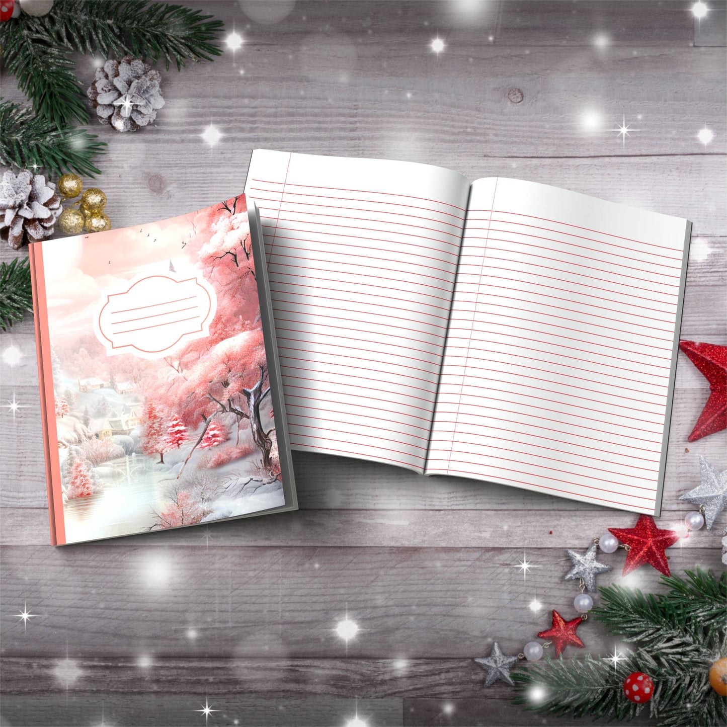 Winter strawberry lake with houses Christmas composition notebook, paperback journaling journal