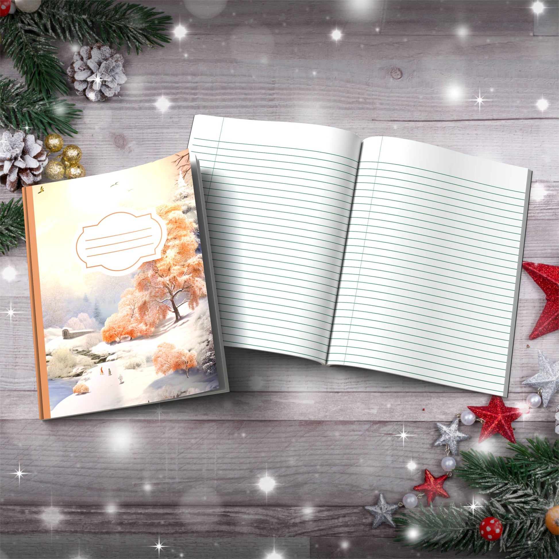 Pastel grey and orange winter wonderland Christmas composition notebook, paperback journaling gift